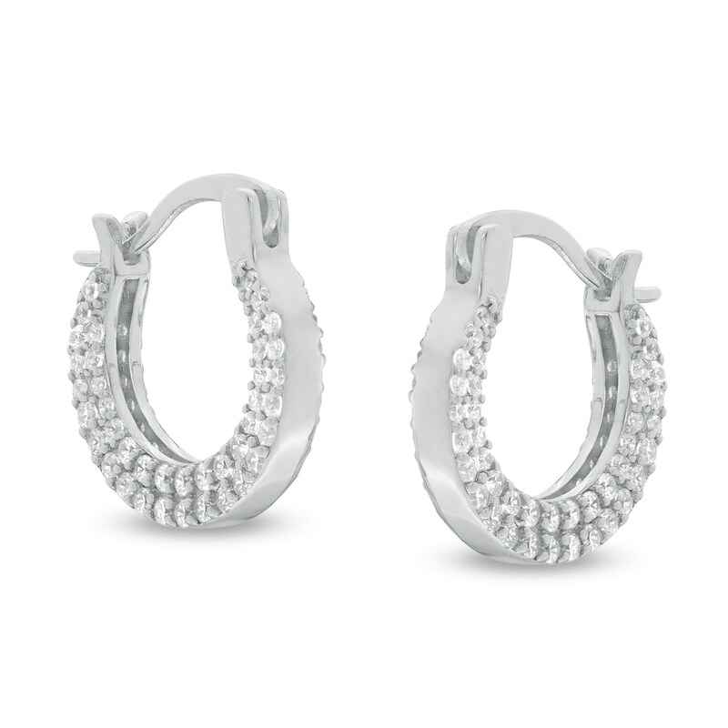 Cubic Zirconia Double Row Outside Edge 14mm Huggie Hoop Earrings in Sterling Silver