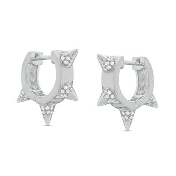Cubic Zirconia Double Row Spiked 22mm Huggie Hoop Earrings in Sterling Silver