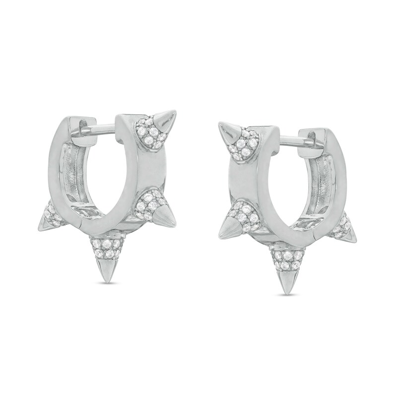 Cubic Zirconia Double Row Spiked 22mm Huggie Hoop Earrings in Sterling Silver