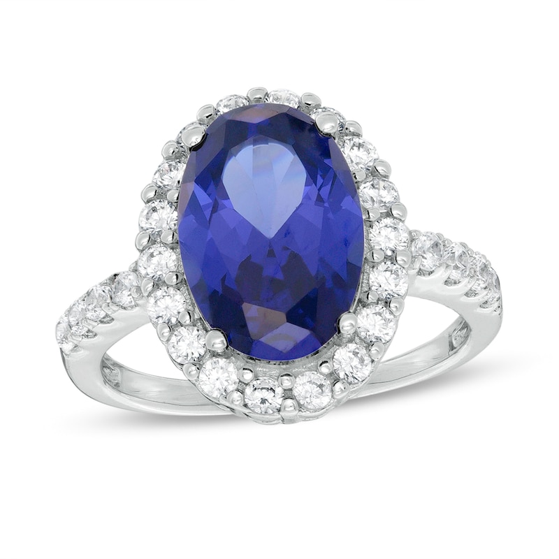 Oval Blue and Round White Cubic Zirconia Frame Ring in Sterling Silver - Size 7