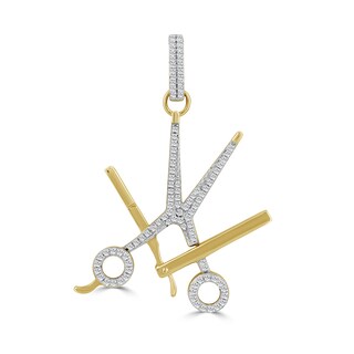 1/4 CT. T.W. Diamond Scissor Shears and Straight Razor Barber Necklace Charm in 10K Gold