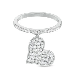 Cubic Zirconia Tilted Heart Dangle Ring in Sterling Silver - Size 7