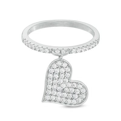 Cubic Zirconia Tilted Heart Dangle Ring in Sterling Silver - Size 7