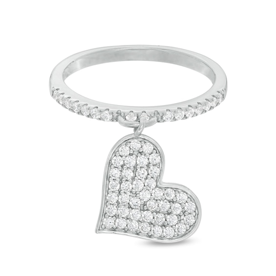 Cubic Zirconia Tilted Heart Dangle Ring in Sterling Silver - Size 7