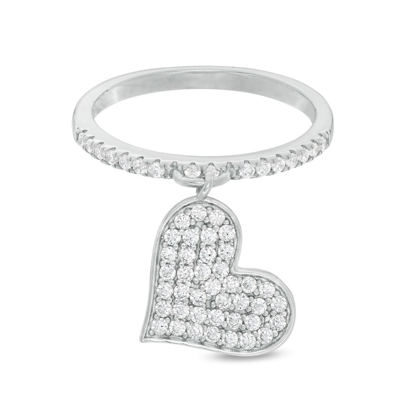 Cubic Zirconia Tilted Heart Dangle Ring in Sterling Silver - Size 7