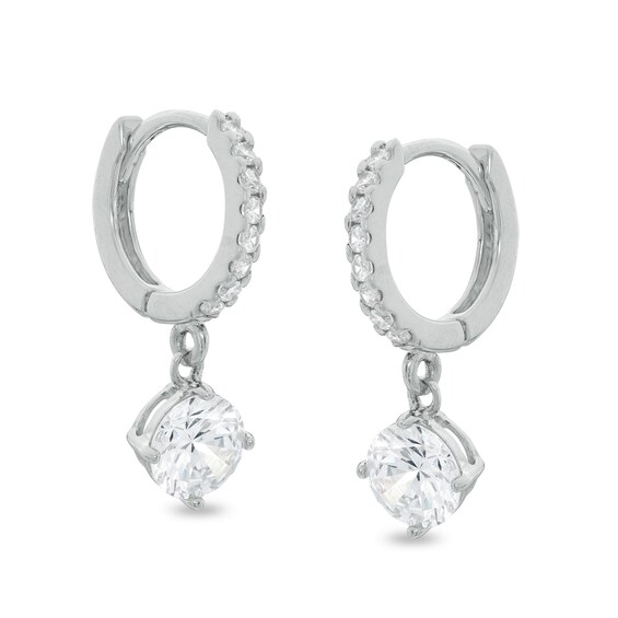 6mm Cubic Zirconia Dangle 10mm Huggie Hoop Earrings in Sterling Silver