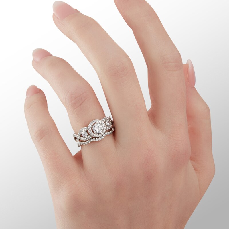 Cubic Zirconia Frame Three Stone Bridal Set in Solid Sterling Silver - Size 6