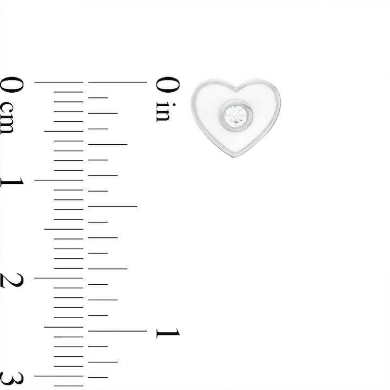 4.5mm Cubic Zirconia Frame and White Enamel Heart Two Pair Stud Earrings Set in Sterling Silver