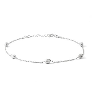 Solid Sterling Silver Diamond-Cut Oval Bead Station Anklet Made in Italy
