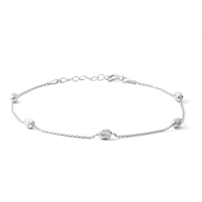 Solid Sterling Silver Diamond-Cut Oval Bead Station Anklet Made in Italy