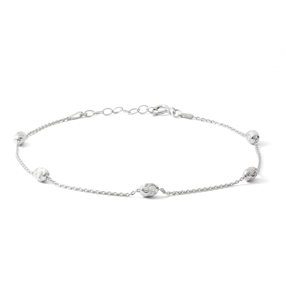Solid Sterling Silver Diamond-Cut Oval Bead Station Anklet Made in Italy