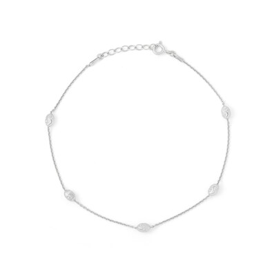 Solid Sterling Silver Diamond-Cut Oval Bead Station Anklet Made in Italy