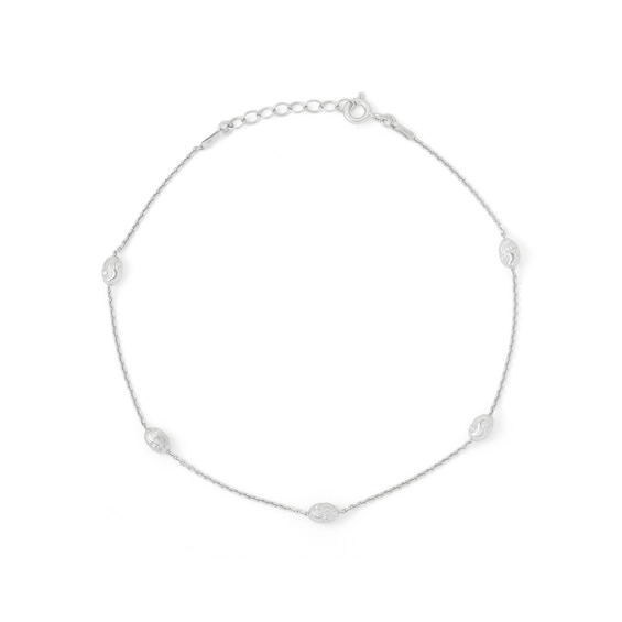 Solid Sterling Silver Diamond-Cut Oval Bead Station Anklet Made in Italy