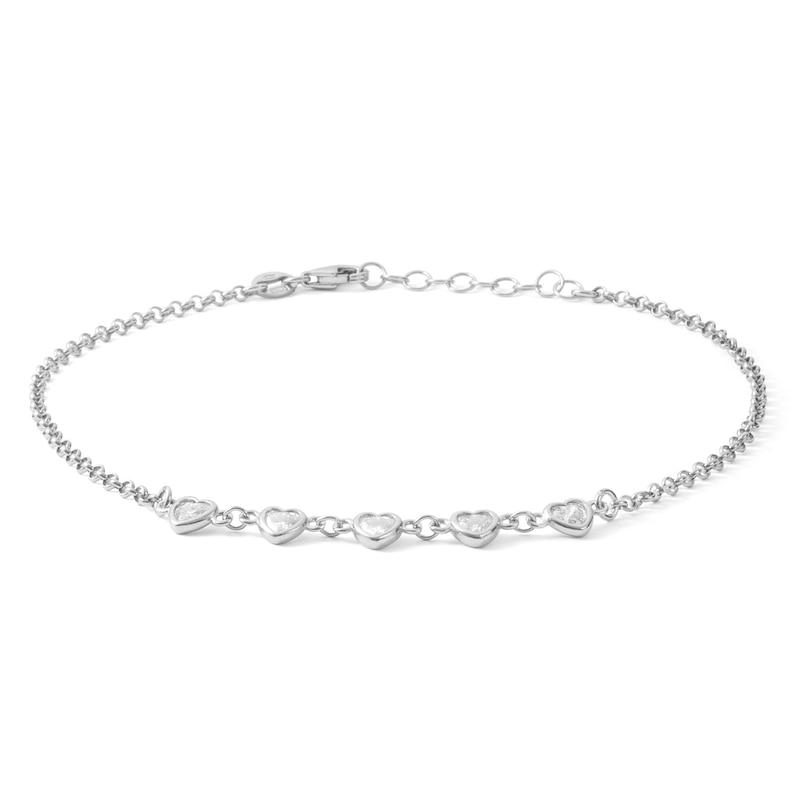 Made in Italy 5mm Heart-Shaped Cubic Zirconia Five Stone Anklet in Solid Sterling Silver - 10"