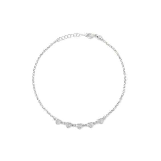 Made in Italy 5mm Heart-Shaped Cubic Zirconia Five Stone Anklet in Solid Sterling Silver - 10"