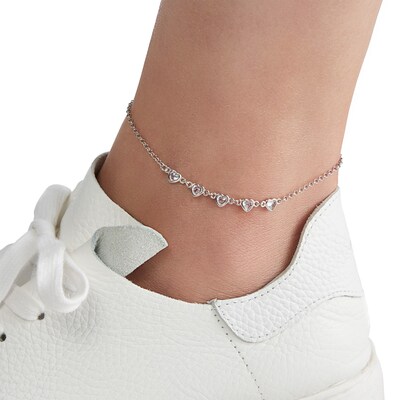 Made in Italy 5mm Heart-Shaped Cubic Zirconia Five Stone Anklet in Solid Sterling Silver - 10"