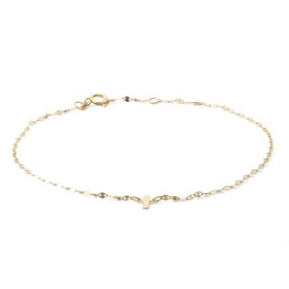 10K Solid Gold Dainty Cross Mirror Chain Anklet Made in Italy - 9" + .5"
