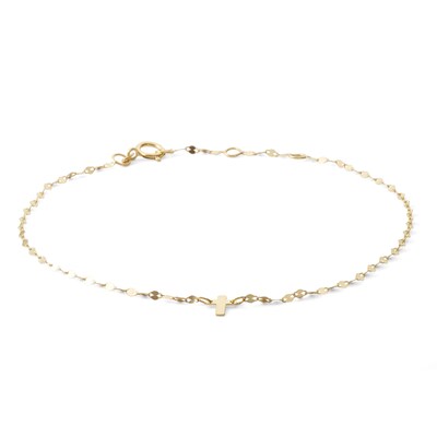 10K Solid Gold Dainty Cross Mirror Chain Anklet Made in Italy - 9" + .5"
