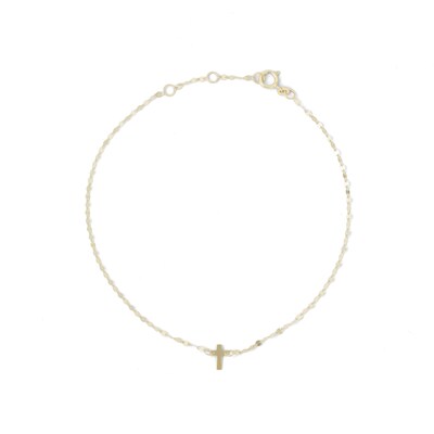 10K Solid Gold Dainty Cross Mirror Chain Anklet Made in Italy - 9" + .5"