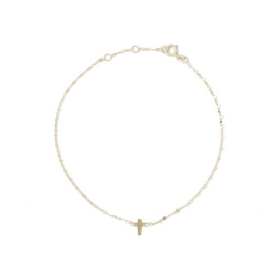 10K Solid Gold Dainty Cross Mirror Chain Anklet Made in Italy - 9" + .5"