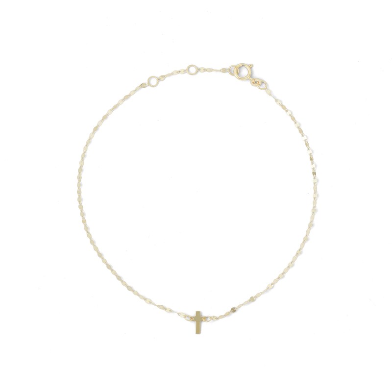 Main Image 2 of 10K Solid Gold Dainty Cross Mirror Chain Anklet Made in Italy - 9" + .5"