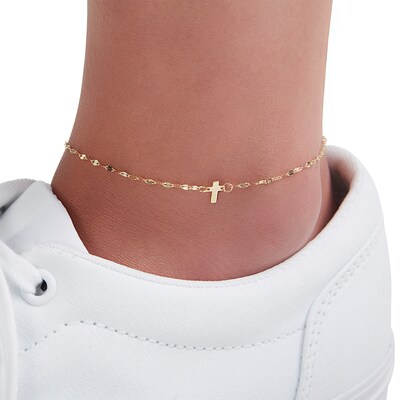 10K Solid Gold Dainty Cross Mirror Chain Anklet Made in Italy - 9" + .5"