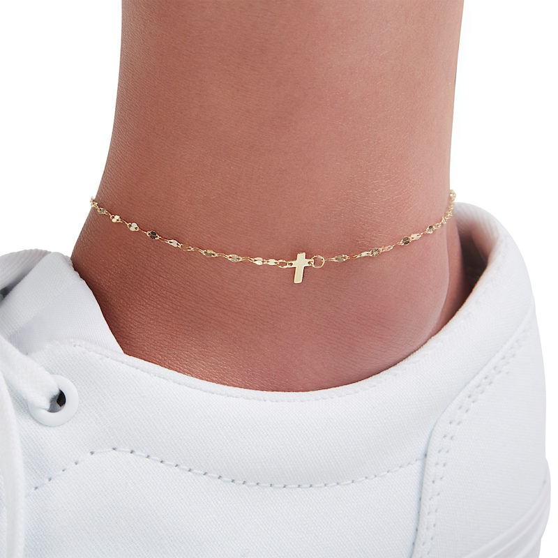 Made in Italy Dainty Cross Mirror Chain Anklet in 10K Solid Gold - 10"