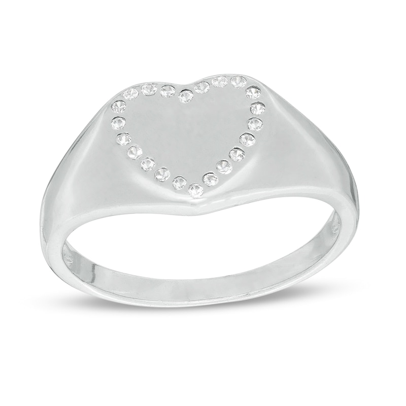 Cubic Zirconia Border Heart-Shaped Signet Ring in Sterling Silver - Size 7