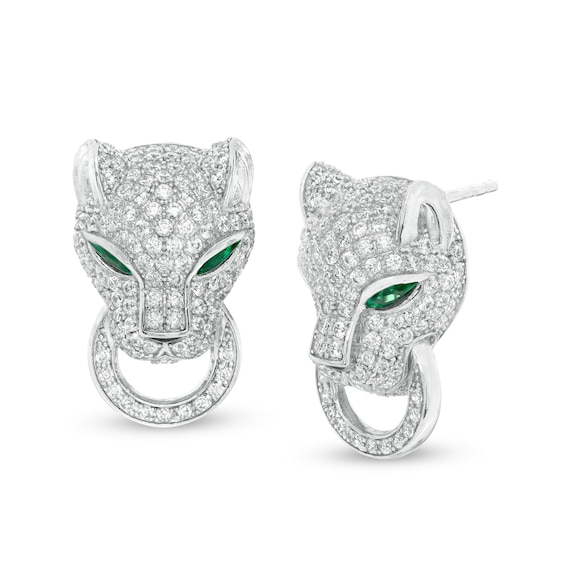 Pear-Shaped Green and White Cubic Zirconia Panther Stud Earrings in Sterling Silver