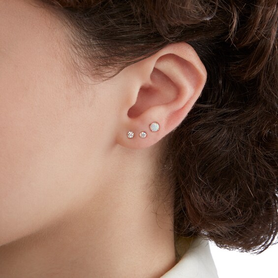Simulated Opal and Cubic Zirconia Three Piece Stud Earrings Set in 10K Gold