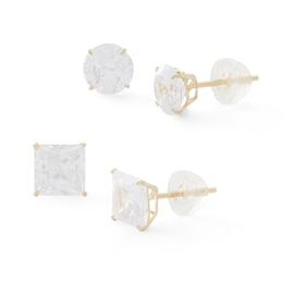6mm Princess-Cut and Round Cubic Zirconia Stud Earrings Set in 10K Gold