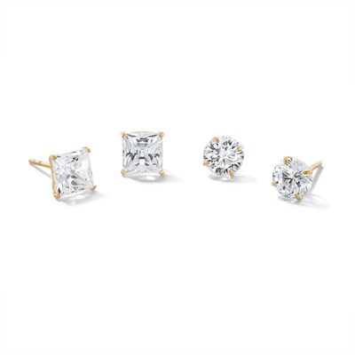6mm Princess-Cut and Round Cubic Zirconia Stud Earrings Set in 10K Gold