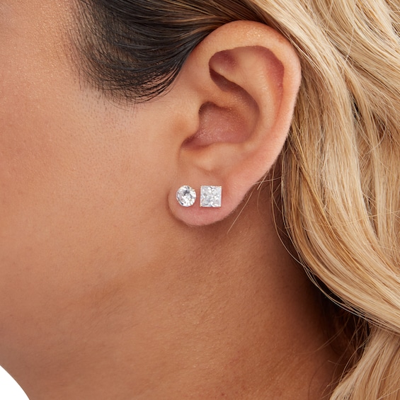 6mm Princess-Cut and Round Cubic Zirconia Stud Earrings Set in 10K Gold