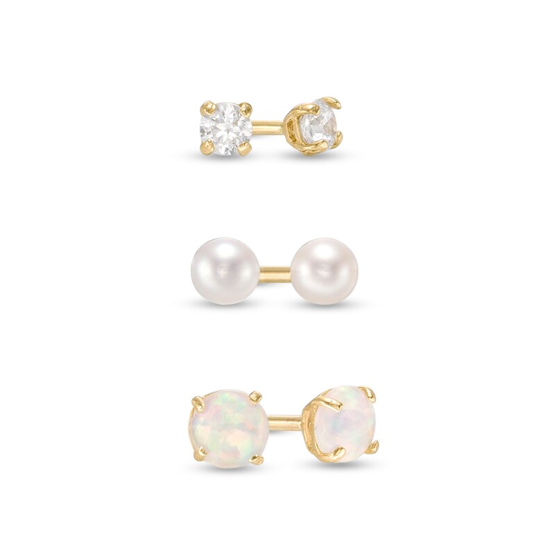 Simulated Opal, Freshwater Cultured Pearl and Cubic Zirconia Stud Earrings Set in 10K Gold