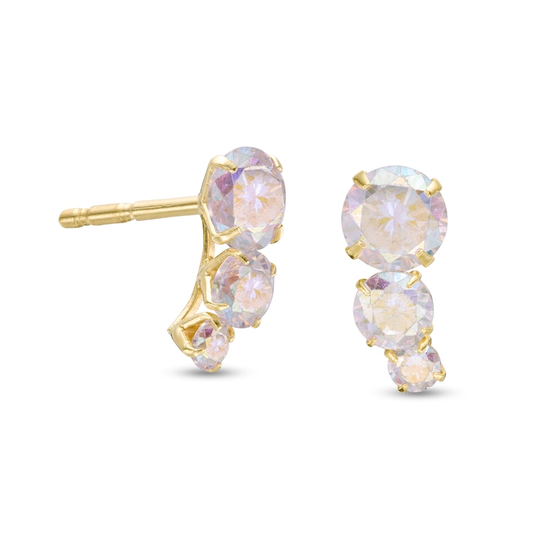 Iridescent Cubic Zirconia Three Stone Stud Earrings in 10K Gold