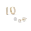 Cubic Zirconia Two Pair Huggie Hoop and Solitaire Stud Earrings Set in 10K Gold