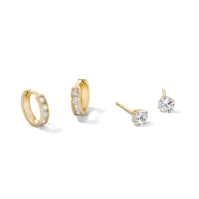 Cubic Zirconia Two Pair Huggie Hoop and Solitaire Stud Earrings Set in 10K Gold