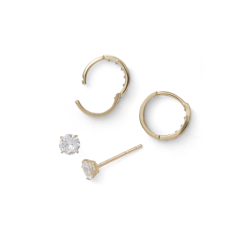 Cubic Zirconia Two Pair Huggie Hoop and Solitaire Stud Earrings Set in 10K Gold