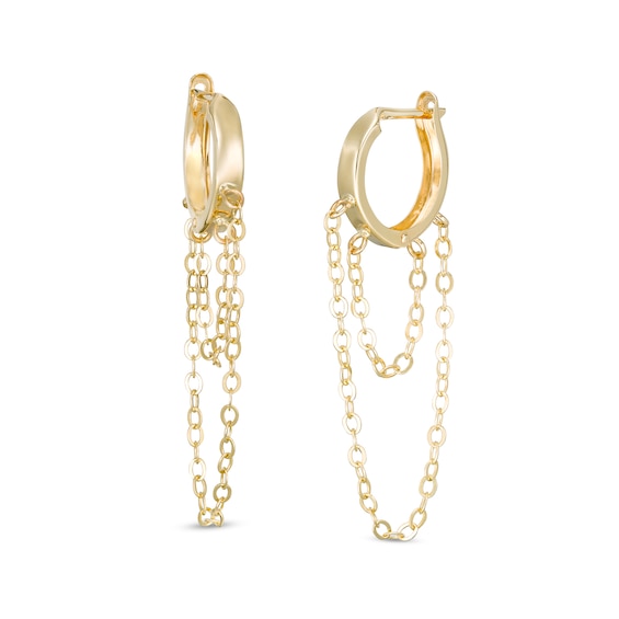 Double Strand Chain Drop 12mm Huggie Hoop Earrings in 10K Gold