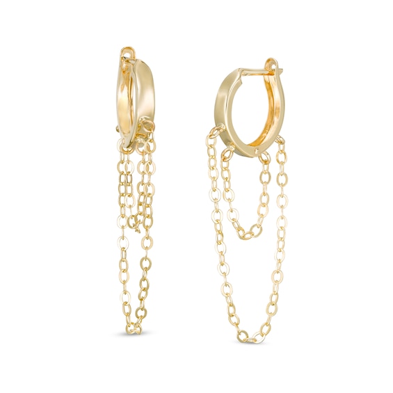 Double Strand Chain Drop 12mm Huggie Hoop Earrings in 10K Gold