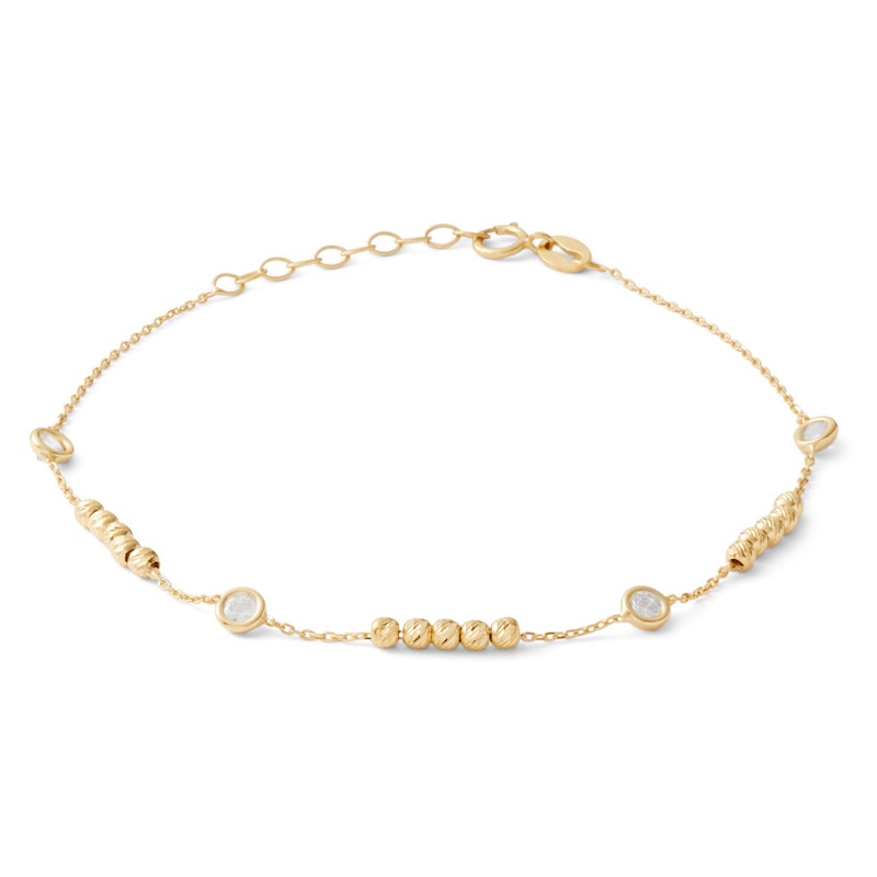 Made in Italy Cubic Zirconia and Diamond-Cut Bead Station Bracelet in 10K Solid Gold Chain and 10K Hollow Gold Beads - 8"