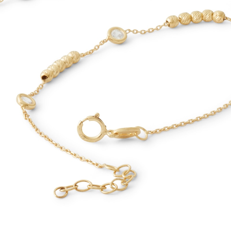 Made in Italy Cubic Zirconia and Diamond-Cut Bead Station Bracelet in 10K Solid Gold Chain and 10K Hollow Gold Beads - 8"