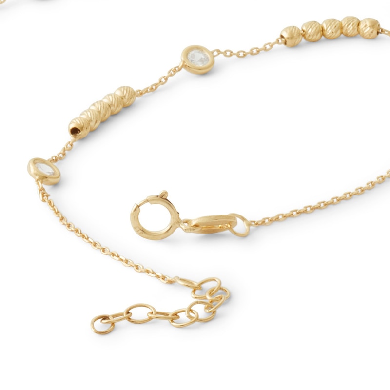 Main Image 5 of Made in Italy Cubic Zirconia and Diamond-Cut Bead Station Bracelet in 10K Solid Gold Chain and 10K Hollow Gold Beads - 8"