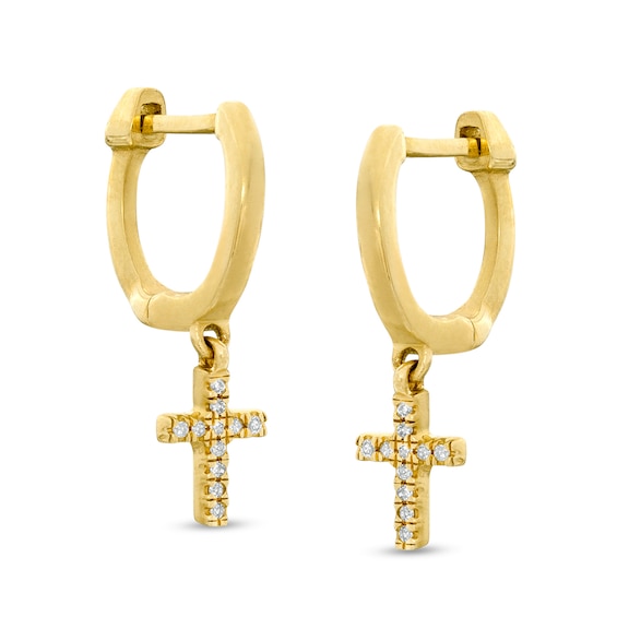 1/20 CT. T.W. Diamond Cross Dangle 9mm Huggie Hoop Earrings in 10K Gold