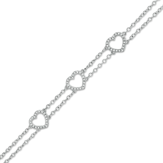 1/15 CT. T.W. Diamond Triple Heart Outline Double Strand Bracelet in Sterling Silver - 7.5"
