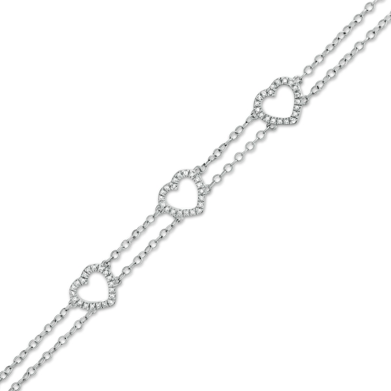 1/15 CT. T.W. Diamond Triple Heart Outline Double Strand Bracelet in Sterling Silver - 7.5"