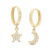 Thumbnail Image 0 of Cubic Zirconia Star and Crescent Moon Dangle Huggie Hoop Earrings in 10K Gold Casting Solid