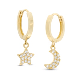 Cubic Zirconia Star and Crescent Moon Dangle Huggie Hoop Earrings in 10K Gold Casting Solid
