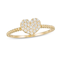 10K Semi-Solid Gold Casting CZ Pavé Heart Bead Ring - Size 7