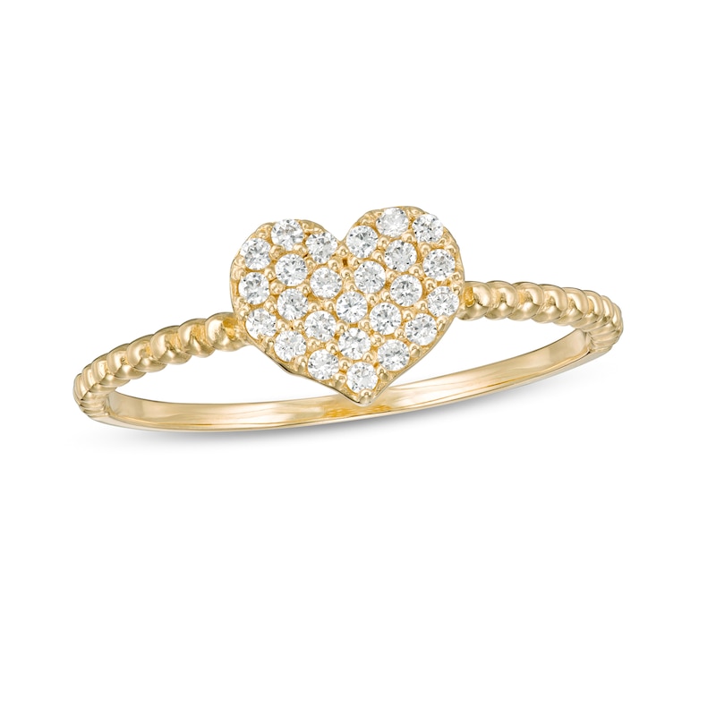 Cubic Zirconia Pavé Composite Heart Bead Shank Ring in 10K Semi-Solid Gold Casting - Size 7